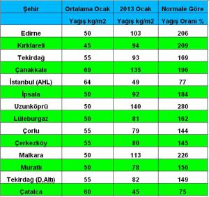 şubat 2013 yağış toplamı ve oranı